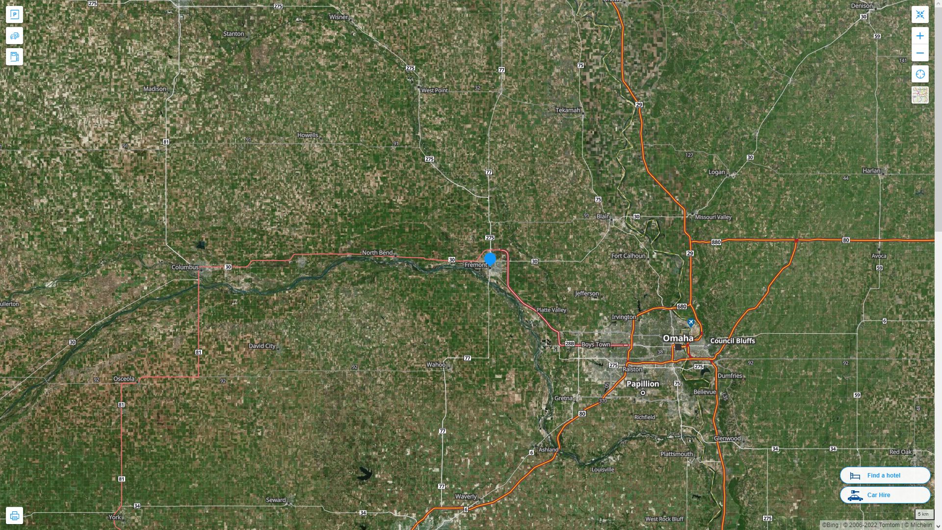 Fremont Nebraska Highway and Road Map with Satellite View